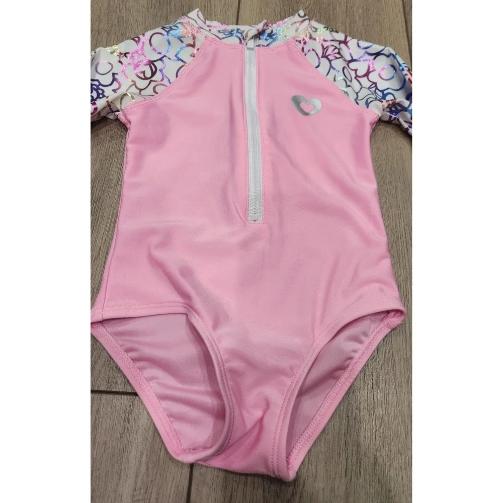 Toddler Girls Pink Hearts Flowers One Piece Swimsuit Rash‎ Guard Size 2T